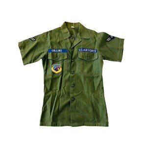 Vintage US Air Force Collins Shirt Uniform Army Green Size 15 1/2 x 35 W/ Patch